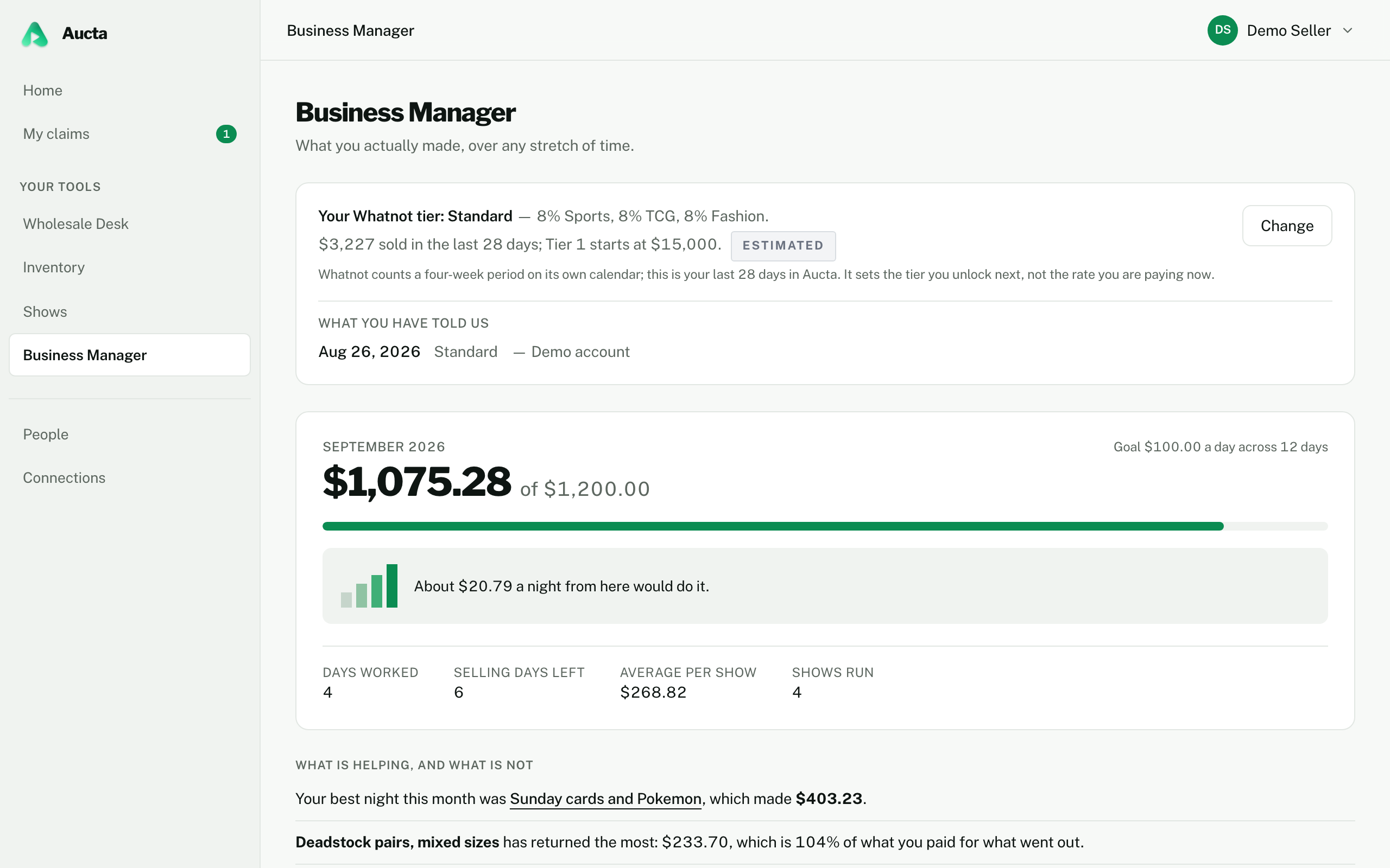 Business Manager, the month, with the tier strip and the goal.