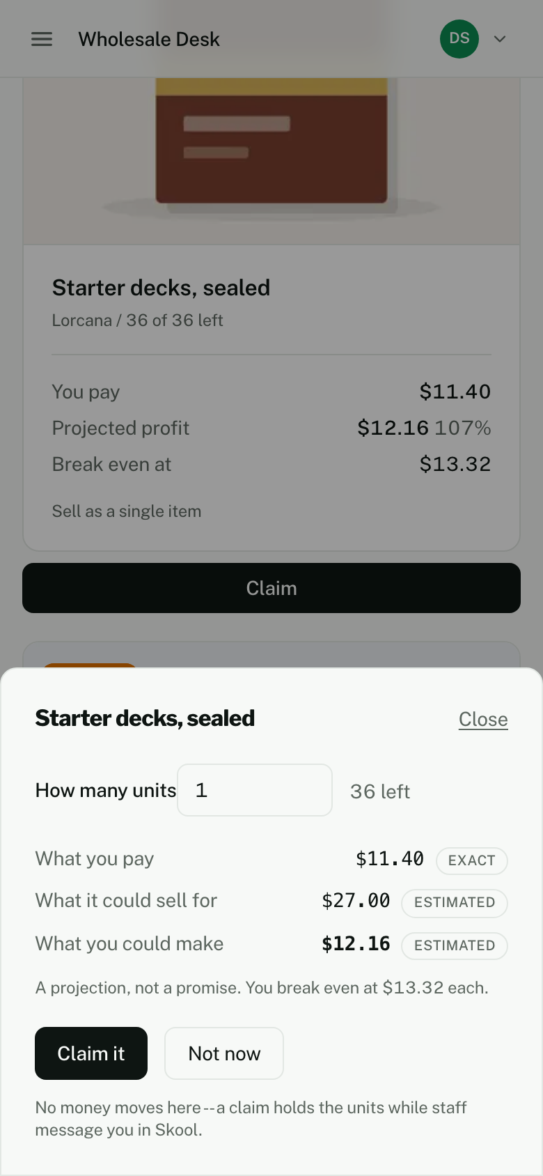 The claim sheet on a phone.
